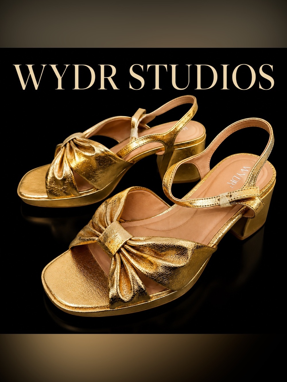 WYDR Studios Darcy Pleated Platform Sandals Gold Metallic Leather Size 11 NWT